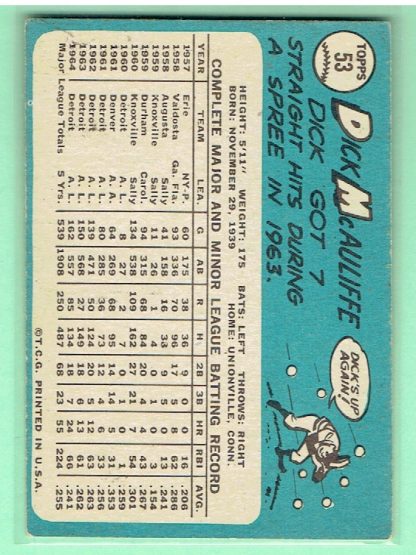 1965 Topps #53 Dick McAuliffe - Image 3
