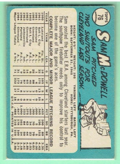 1965 Topps #76 Sam McDowell - Image 3
